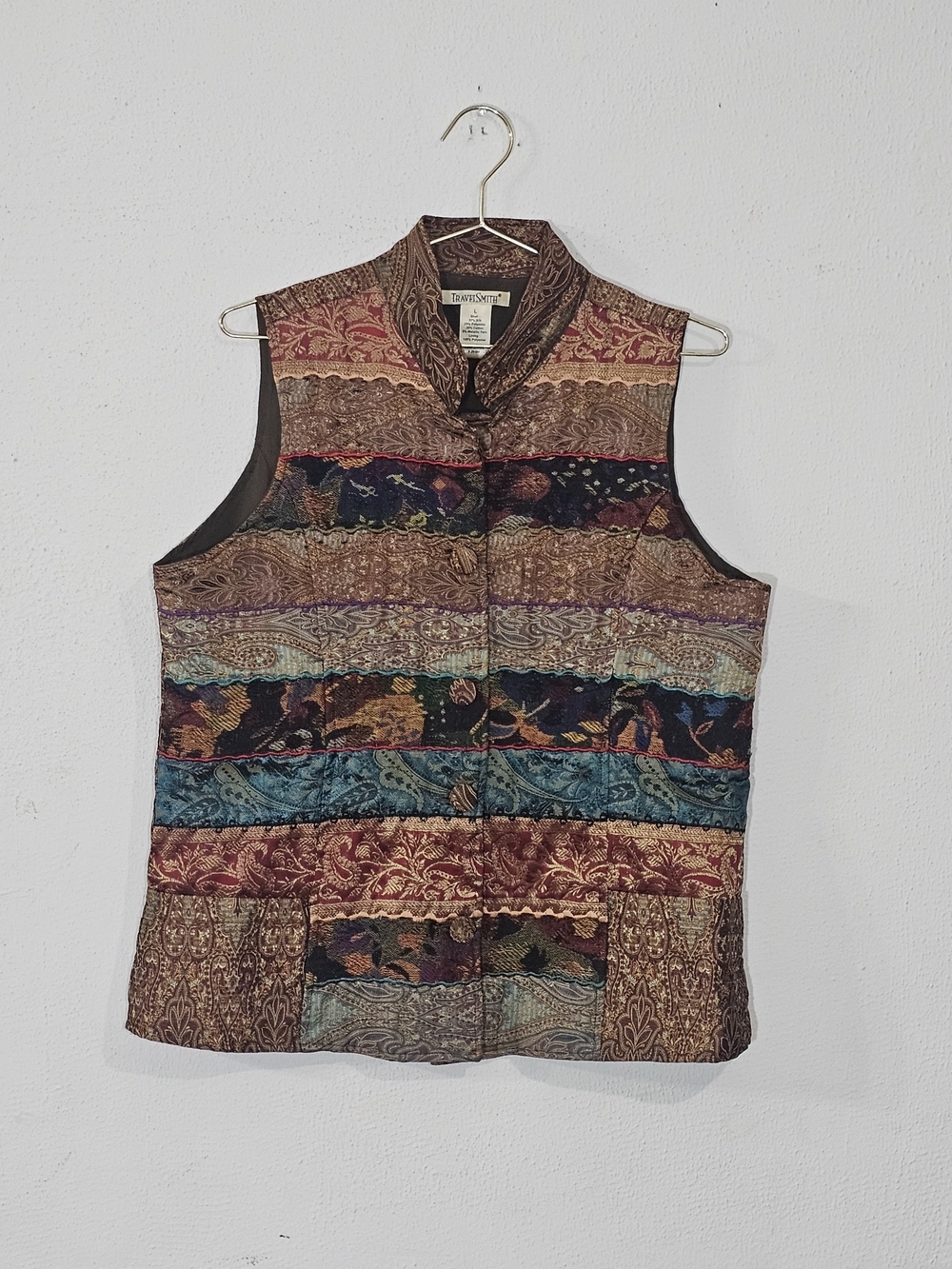 Vintage TravelSmith Women's Silk Blend Vest Sz L Brocade Paisley Patchwork Boho